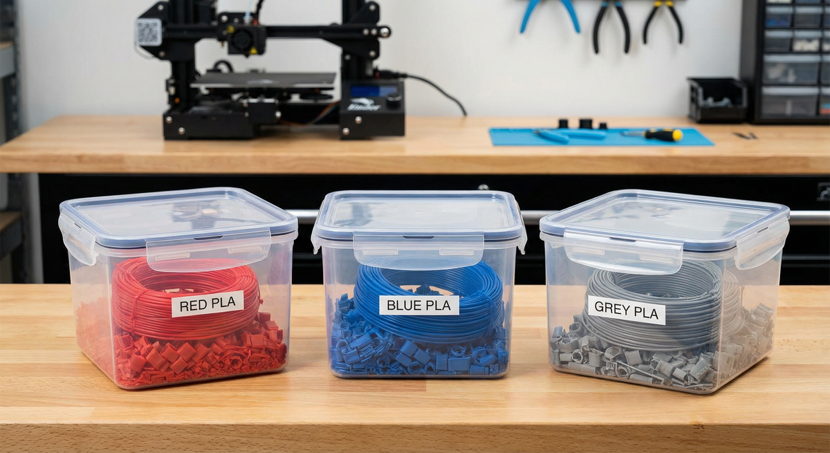 PLA scraps sorted by color in separate bins. Organized storage increases recycling value