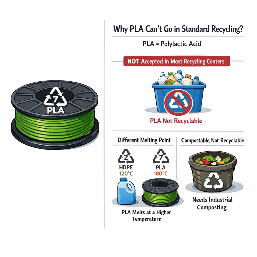 Recycling symbol 7 on PLA spool. Code 7 means other plastics, municipal programs rarely accept PLA