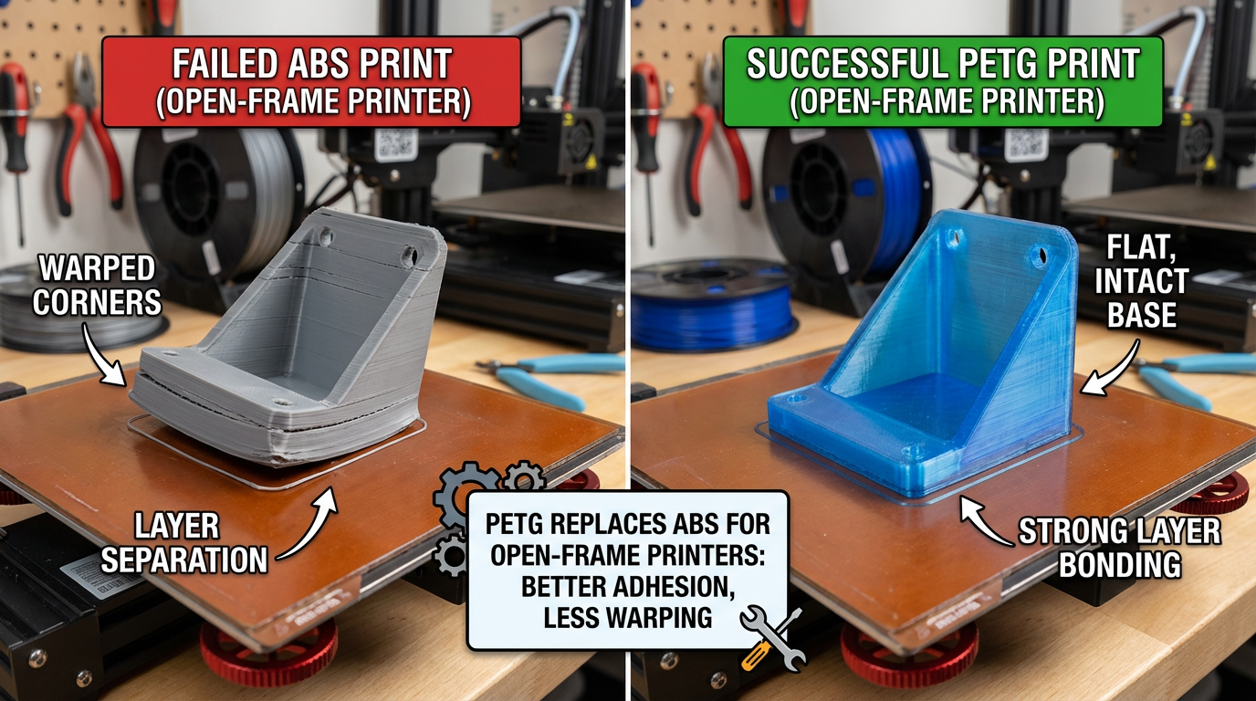 ABS vs PETG enclosure requirement – ABS warps without enclosure PETG prints fine open