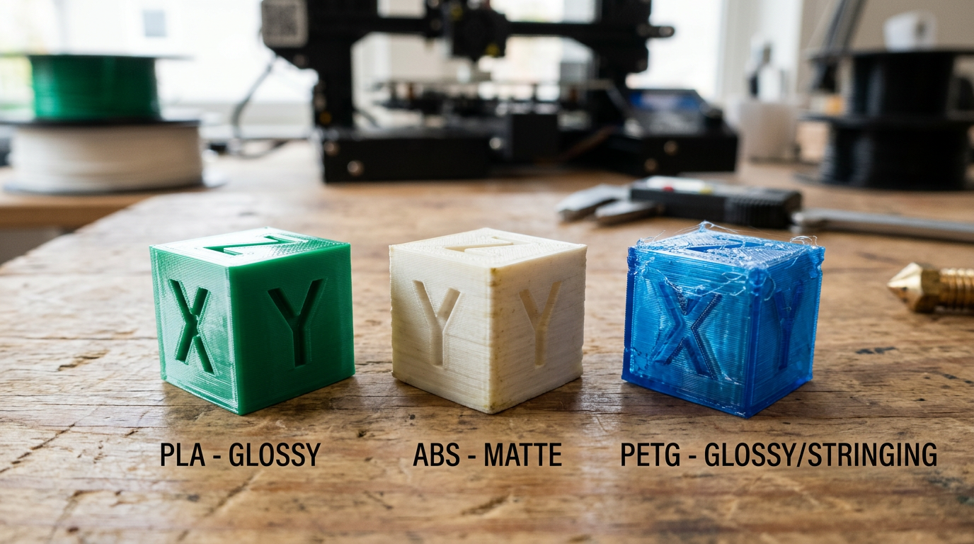 PLA vs ABS vs PETG surface finish comparison – glossy PLA matte ABS and PETG 3D printed samples