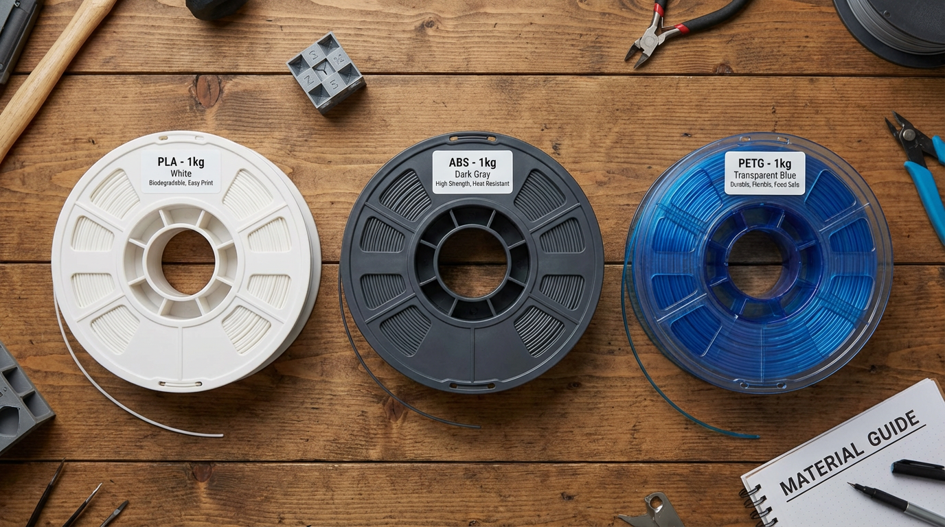 PLA vs ABS vs PETG filament spools side by side – 3D printing material comparison for strength aesthetics and price