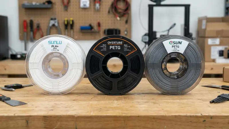 SUNLU PLA+ OVERTURE PETG and eSUN PETG filament spools recommended for 3D printing in 2026