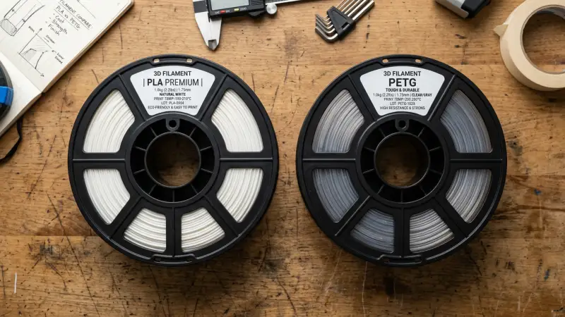 PLA and PETG filament spools side by side on workshop desk – 3D printing materials comparison for price and performance 2026