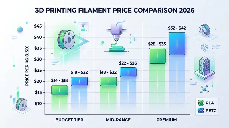 PLA vs PETG price per kg comparison chart – budget mid-range premium brands 2026