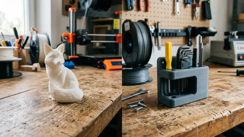 PLA printed figurine next to PETG tool holder – showing typical use cases for each 3D printing material
