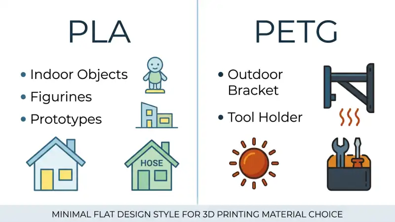 Decision chart for PLA vs PETG 3D printing – indoor prototype uses PLA, outdoor functional part uses PETG