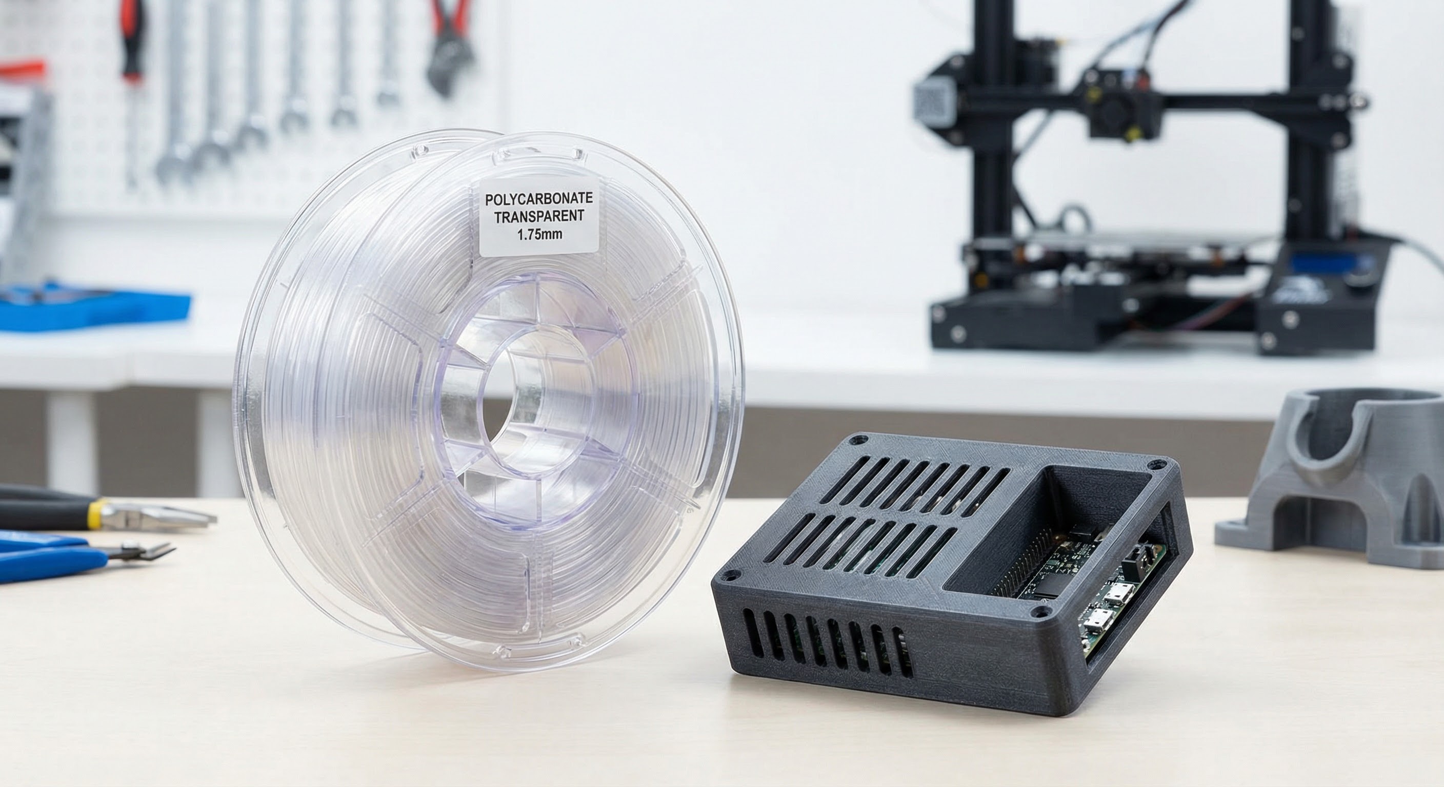 Clear polycarbonate filament spool and 3D printed electronics enclosure, heat resistant up to 110 degrees