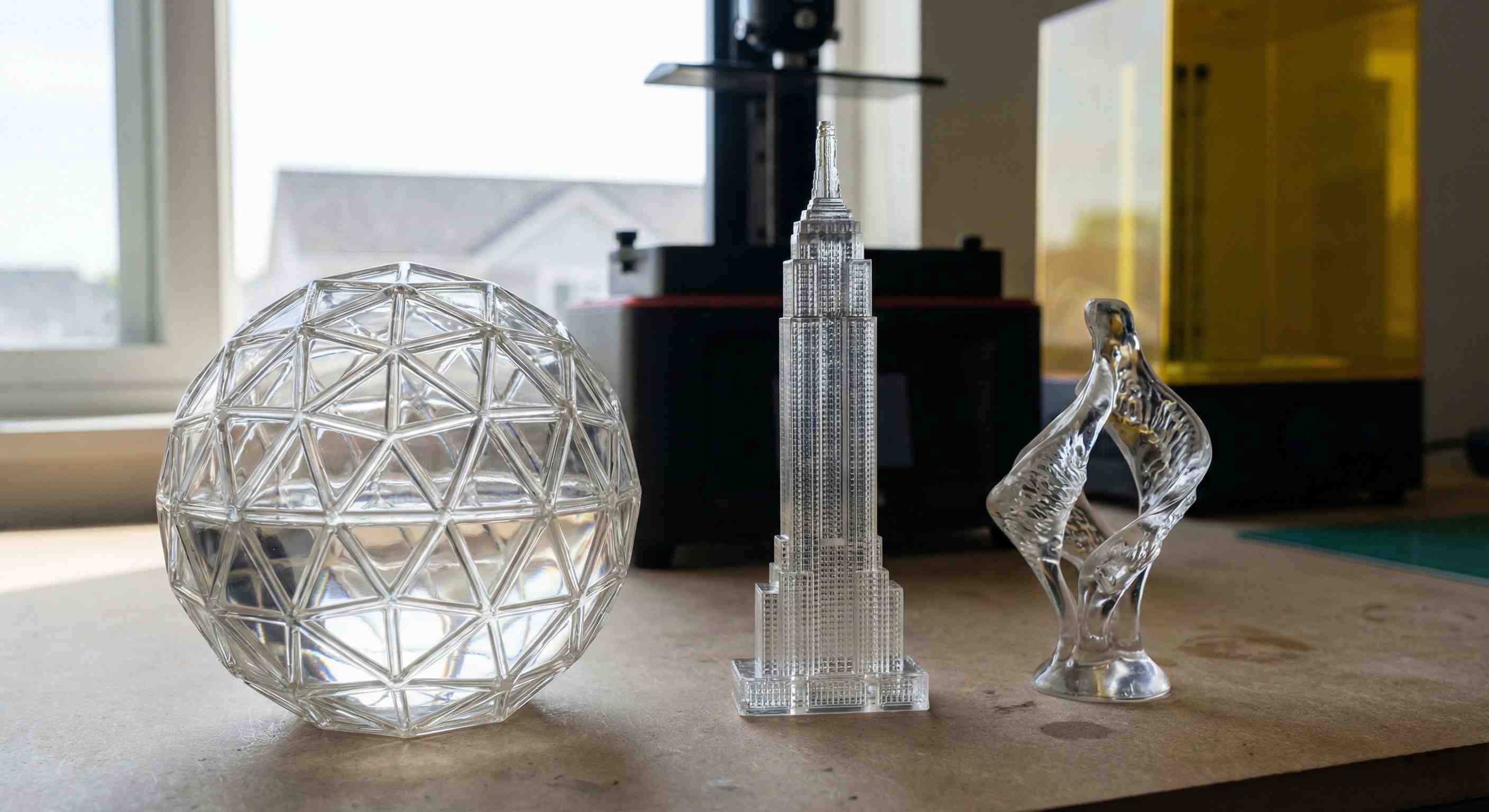 Clear resin 3D printed crystal structures and geometric shapes