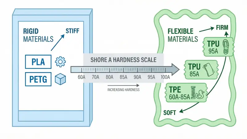Shore hardness scale diagram – rigid PLA PETG vs flexible TPU TPE 85A 95A comparison