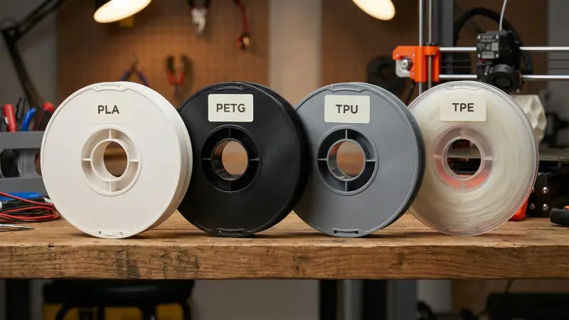 PLA PETG TPU TPE filament spools arranged on shelf – rigid vs flexible 3D printer filament comparison