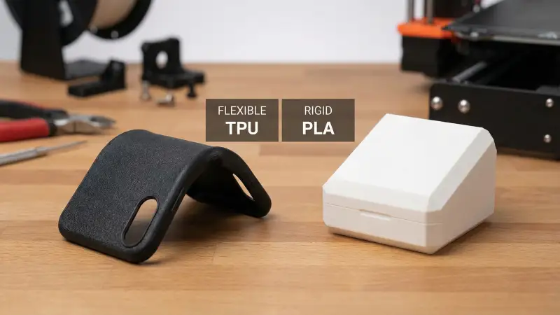 3D printed phone case in TPU vs rigid PLA box – flexible vs rigid filament print comparison