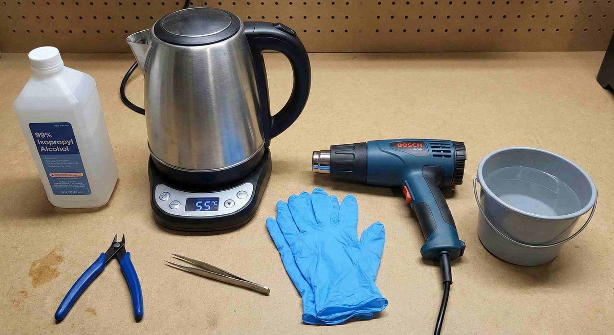 IPA, tweezers, flush cutters, gloves for washing
