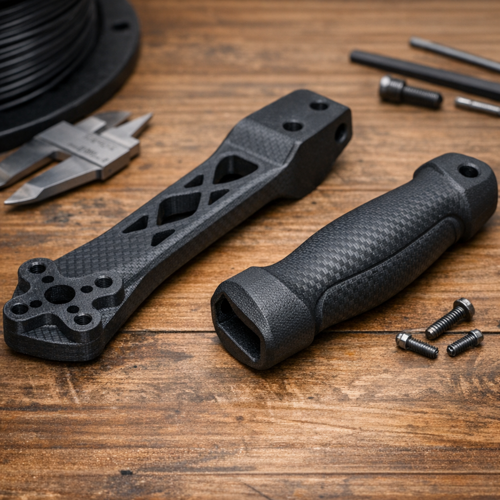 Carbon fiber nylon 3D printed drone bracket and tool handle. High strength functional parts