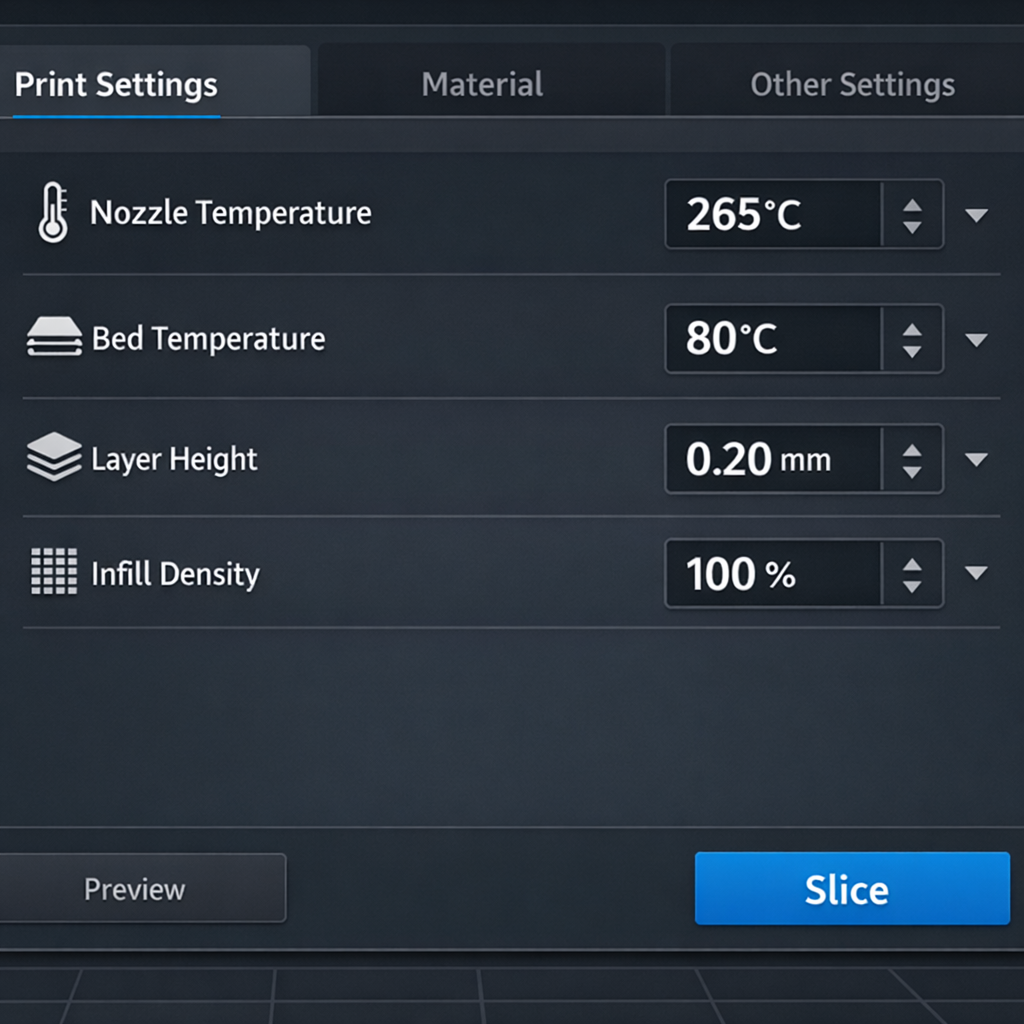 Slicer settings for carbon fiber nylon. 100% infill, 265°C, 0.2mm layer height