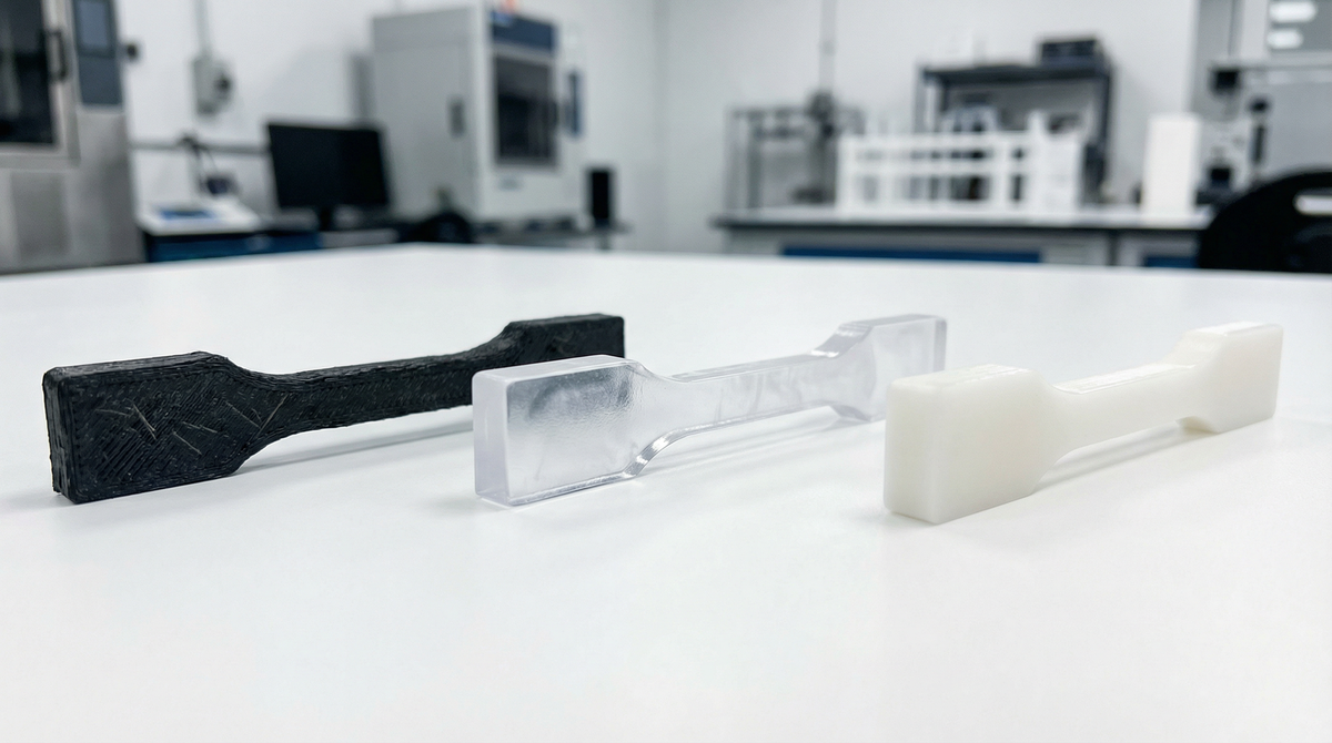 Test pieces we printed and pulled until they broke. Carbon fiber nylon, polycarbonate and nylon