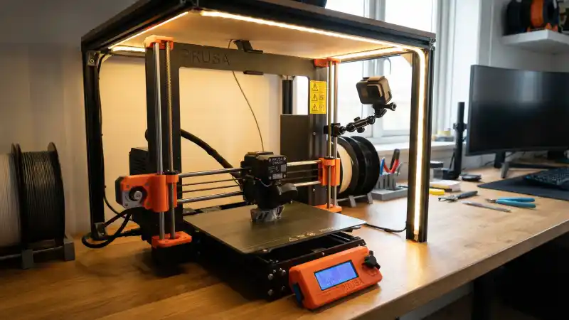 3D printer timelapse lighting – LED strip illuminating build plate for clear video, camera on gantry