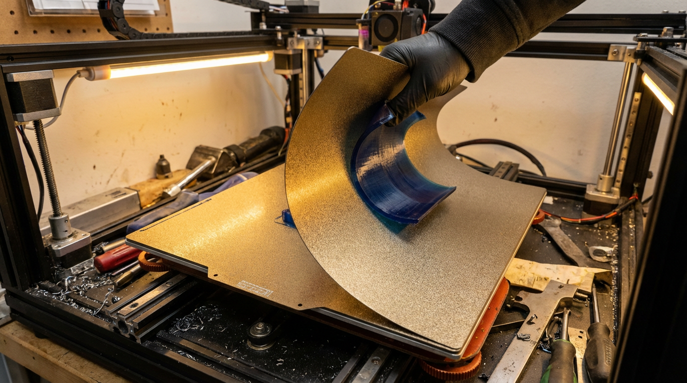 Flexible PEI build plate bending to release TPU print – technique for removing flexible 3D prints