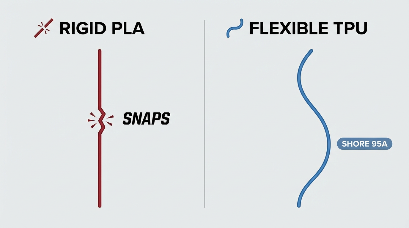 Rigid PLA vs flexible TPU material behavior diagram – stiff versus stretchy 3D printer filament