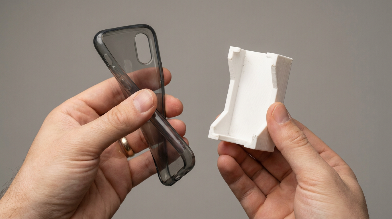 Hand holding flexible TPU phone case next to rigid PLA bracket – when to use flexible vs rigid 3D printing