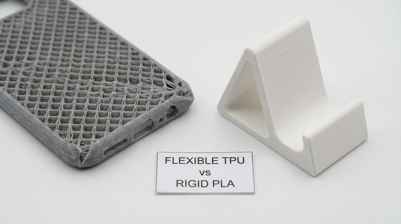 3D printed TPU phone case next to rigid PLA box – flexible vs rigid print results comparison