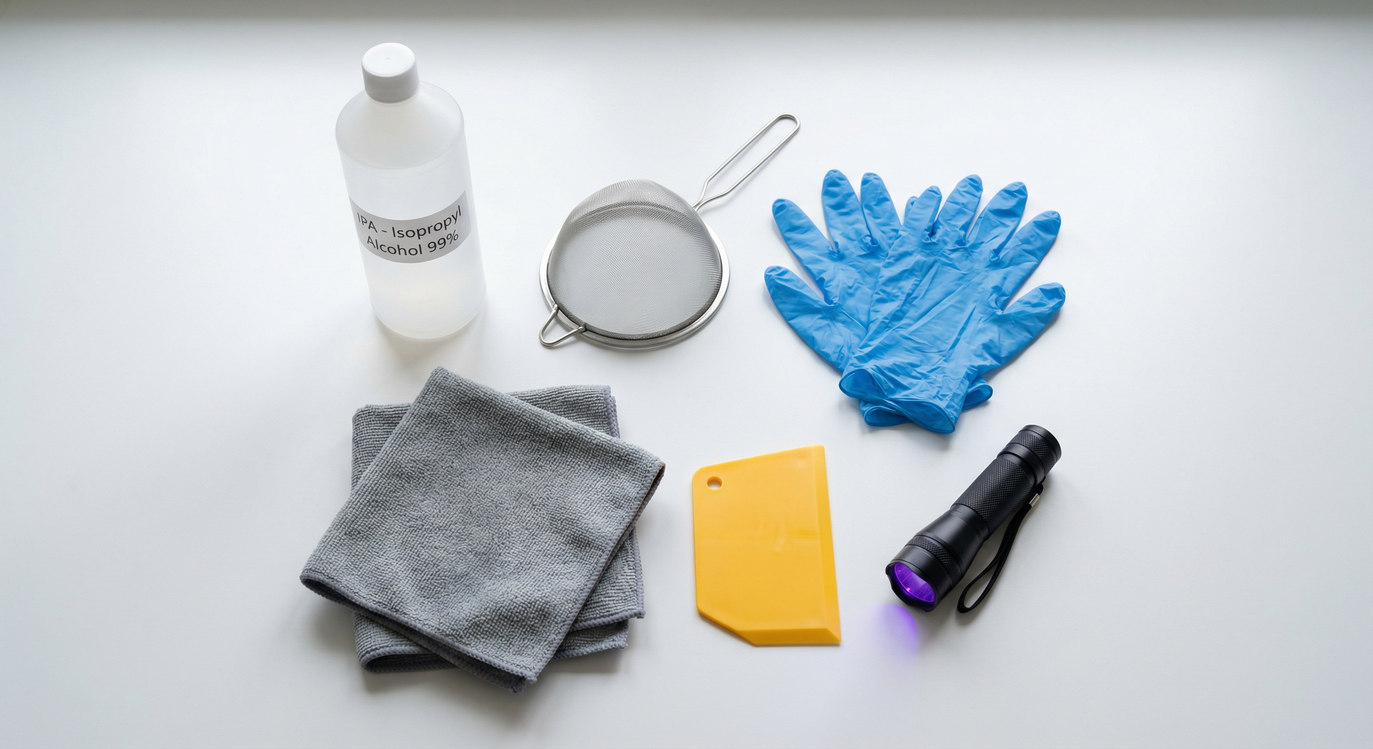 Resin vat cleaning workspace. IPA, strainers, gloves, microfiber cloths.