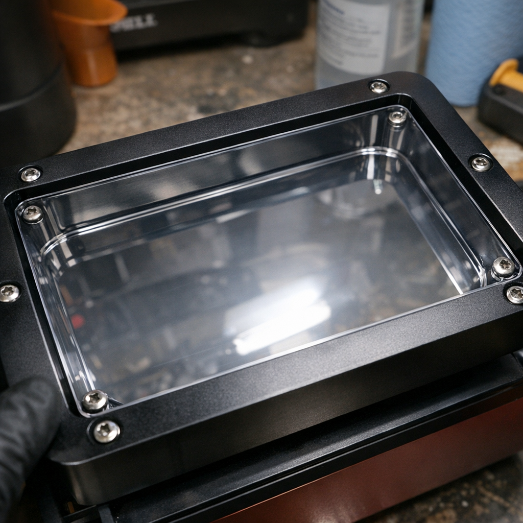 FEP film in resin vat. Clean FEP is transparent. Never remove for normal printing