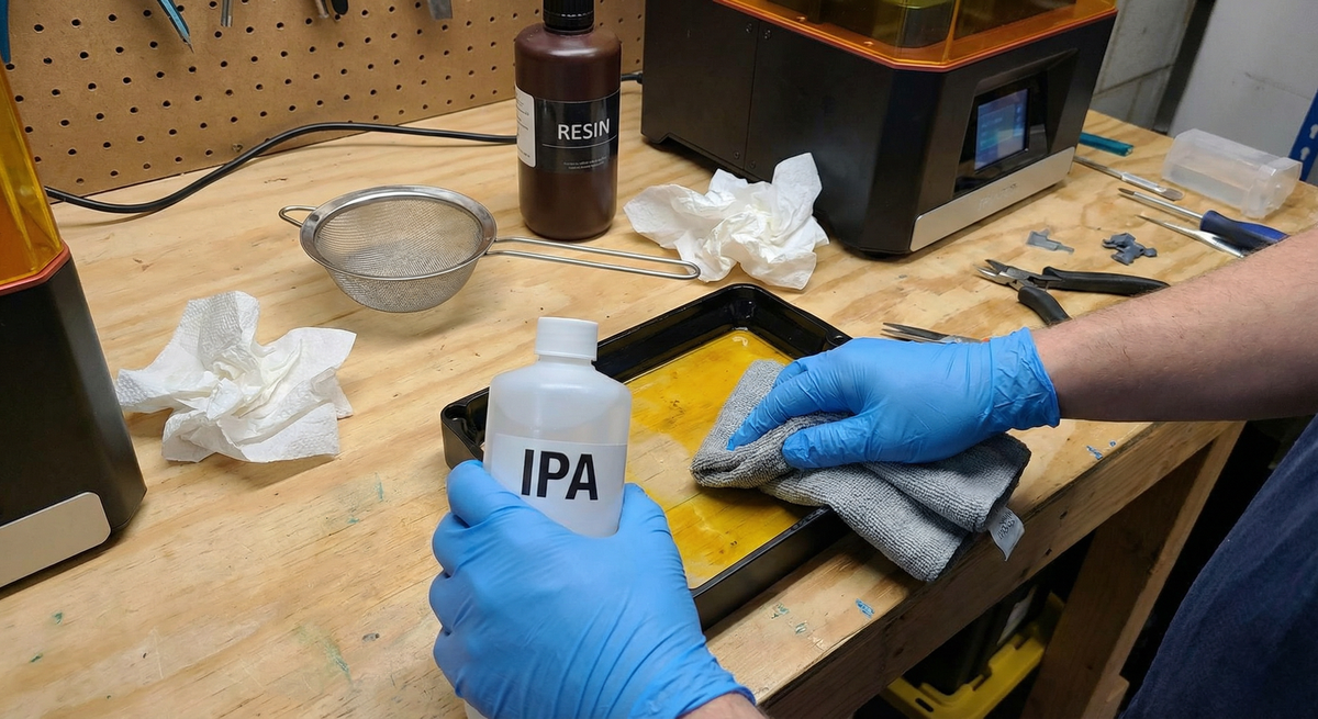 Hands in nitrile gloves wiping resin vat with microfiber. Workshop setup.
